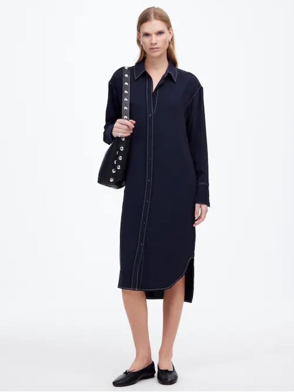 Madewell Navy Contrast Stitched Midi Shirtdress